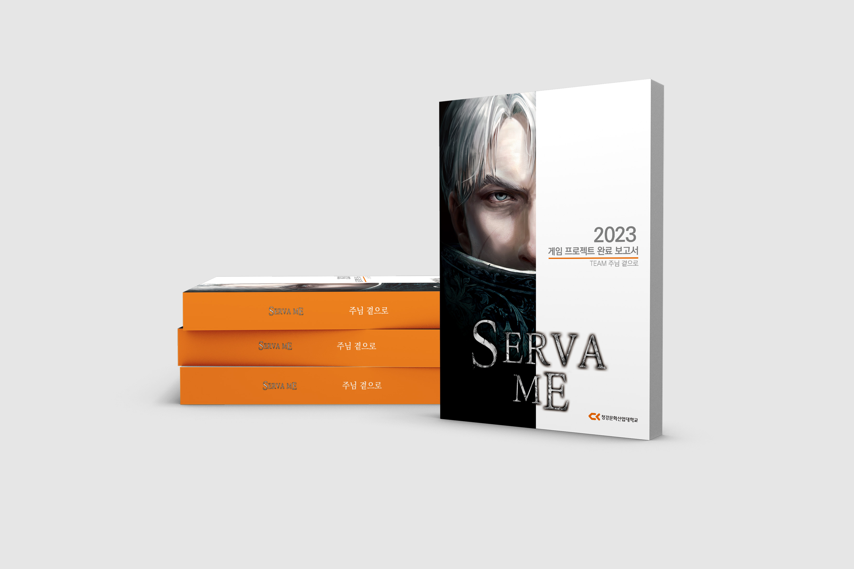 SERVA ME 게임 프로젝트 완료보고서 책등과 표지를 쌓아놓은 인쇄 결과물