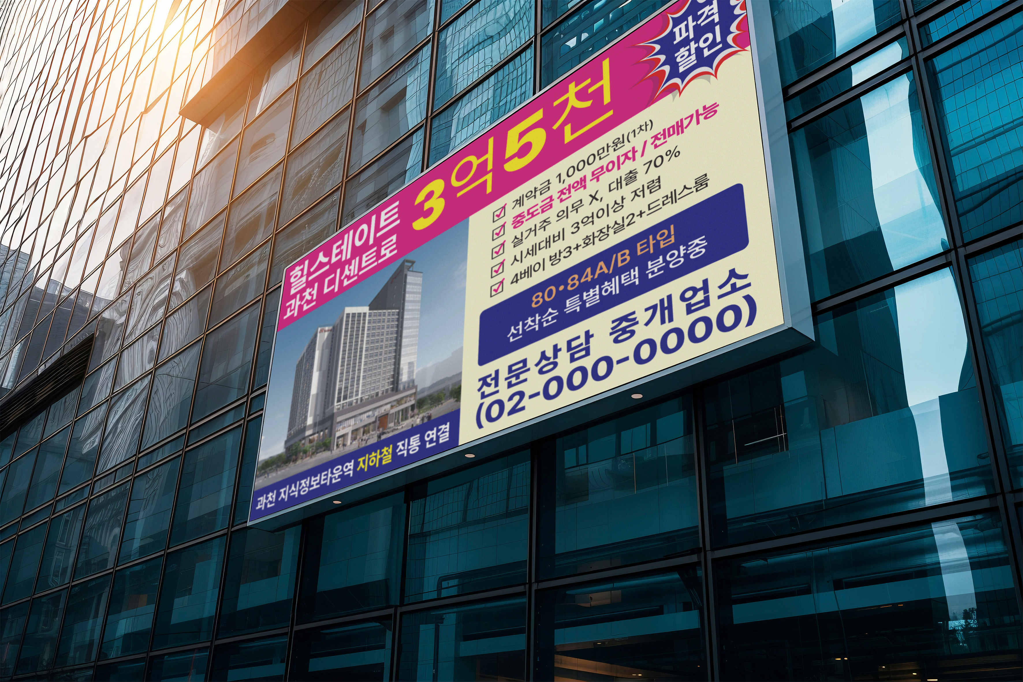 힐스테이트 과천 디센트로 3억5천 파격할인 대형 건물 외벽 현수막 광고
