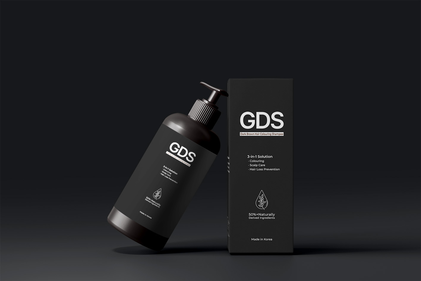 GDS 샴푸 패키지 박스 디자인 틸트 연출 목업