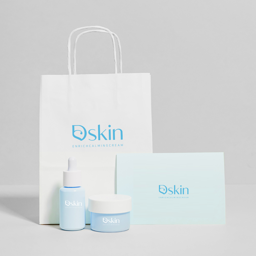 Dskin 화장품 패키지 디자인 종이쇼핑백과 크림·에센스 제품 구성
