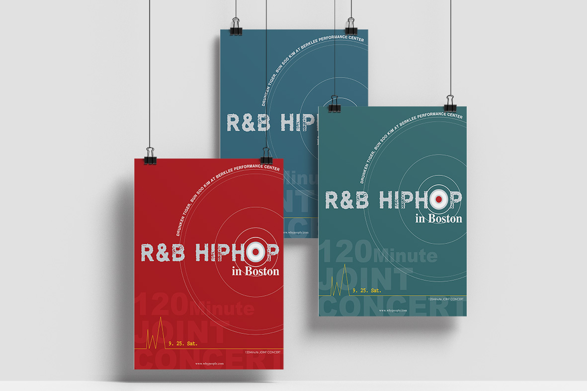 R&B HIPHOP in Boston 콘서트 포스터 레드·틸 컬러 행잉 목업 디자인
